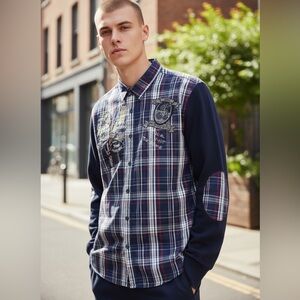 Desigual Men's Navy Plaid Shirt button up size XL